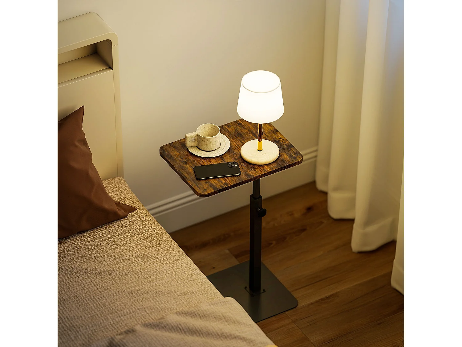 Falava C Shaped Side Table Rustic Brown Melamine Top Height Adjustable 44.5–79cm
