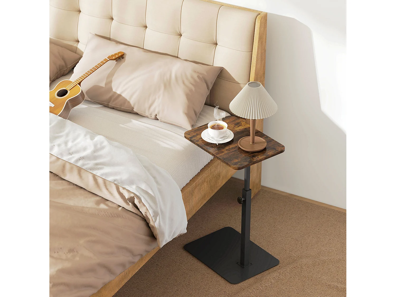 Falava C Shaped Side Table Rustic Brown Melamine Top Height Adjustable 44.5–79cm