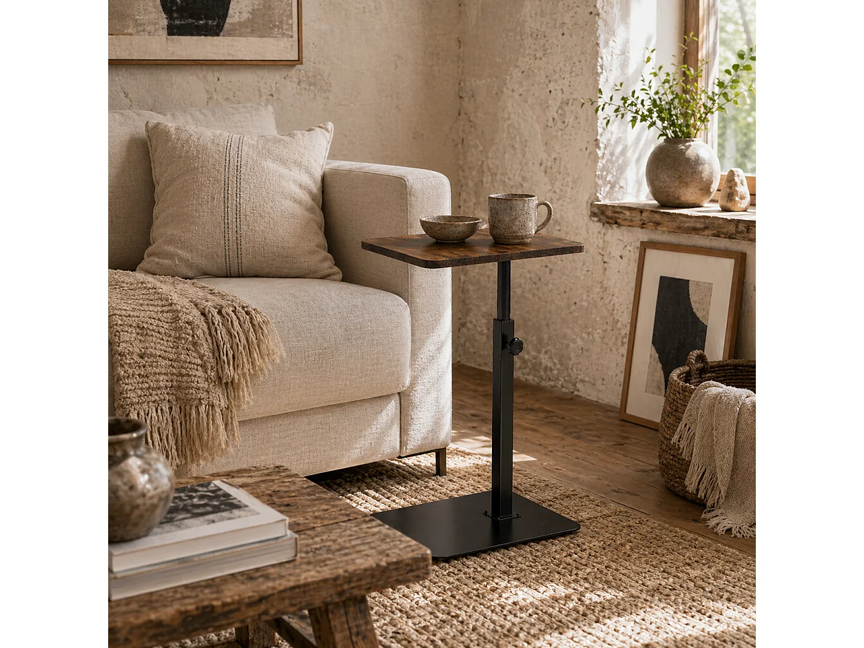 Falava C Shaped Side Table Rustic Brown Melamine Top Height Adjustable 44.5–79cm