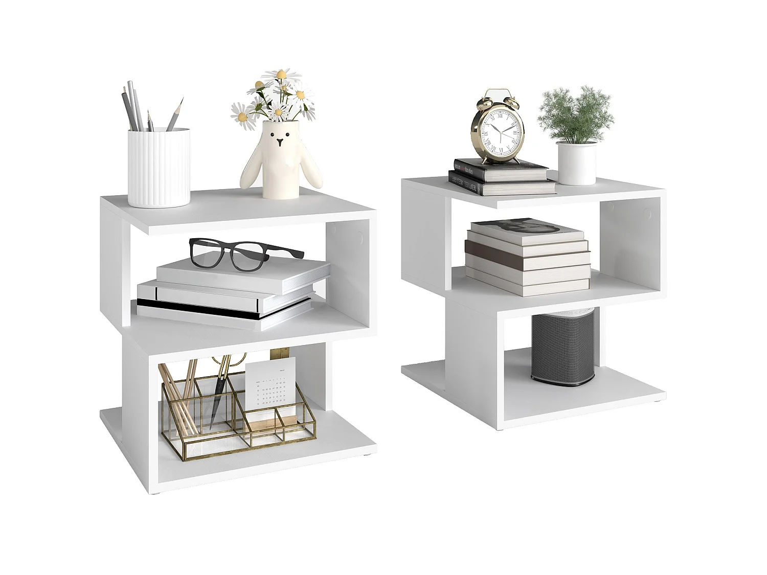 Luvila Set of 2 White Square Side Tables with 2 Tier Storage