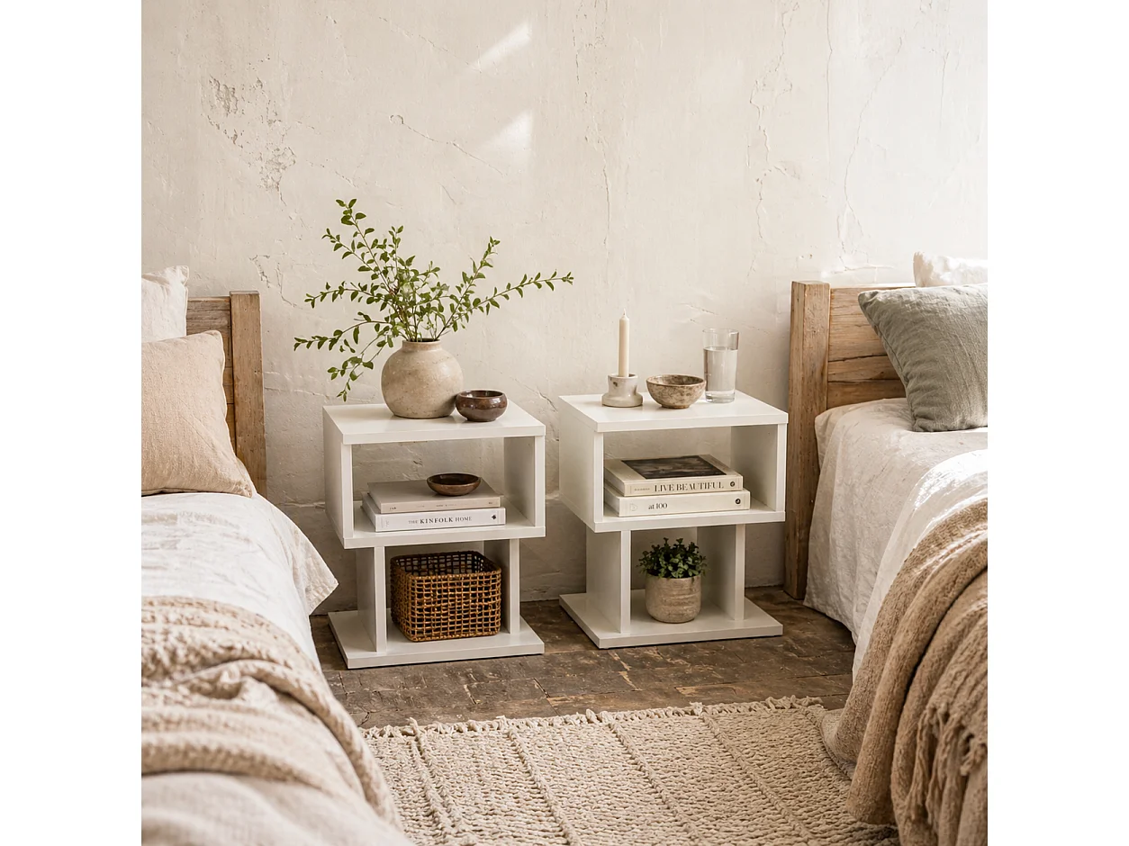 Luvila Set of 2 White Square Side Tables with 2 Tier Storage
