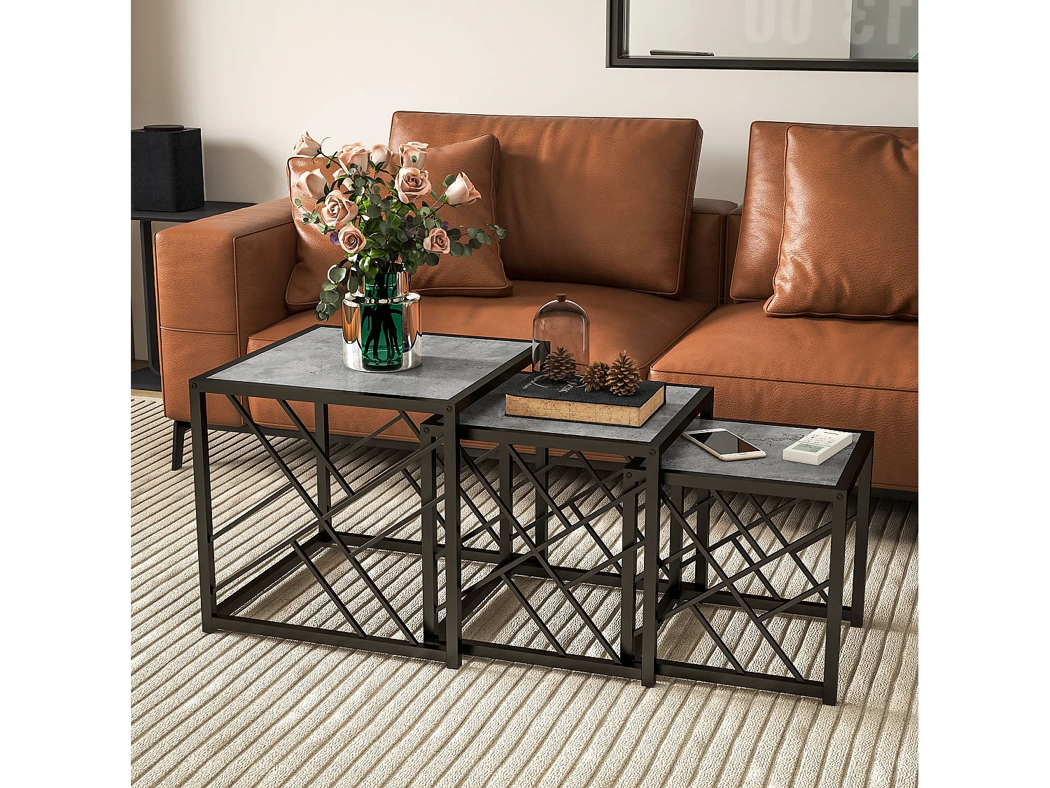 Safi Set of 3 Square Nesting Side Tables Grey Tops Black Metal Frame