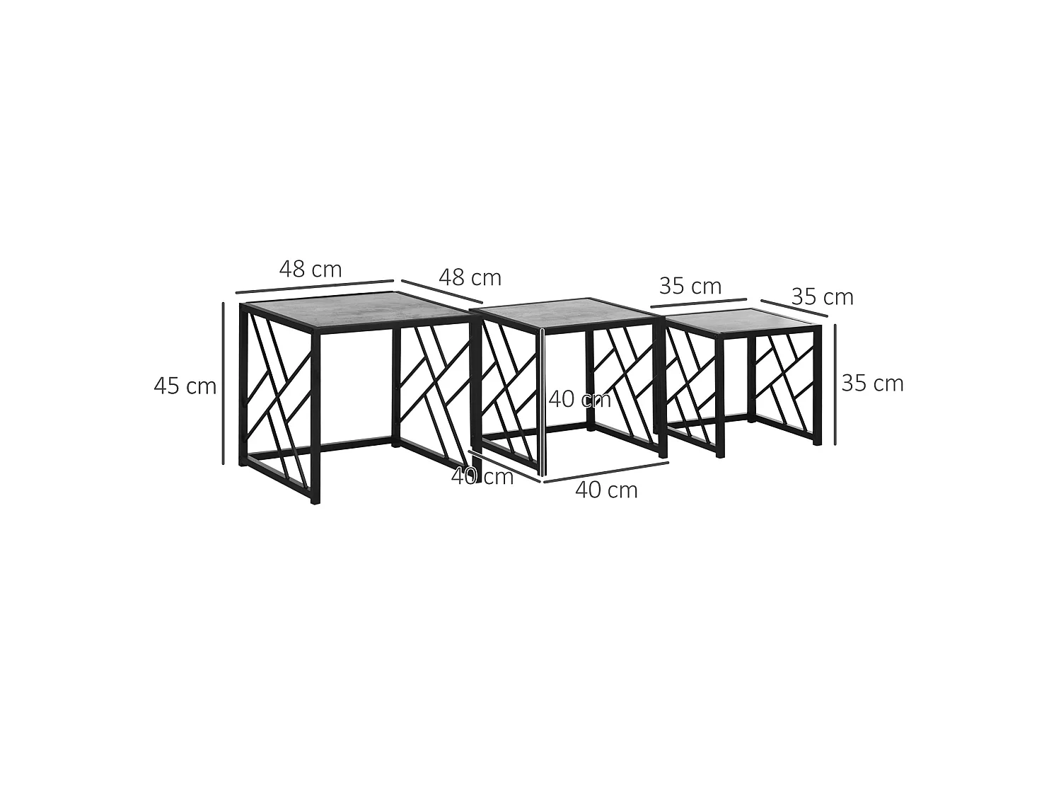 Safi Set of 3 Square Nesting Side Tables Grey Tops Black Metal Frame