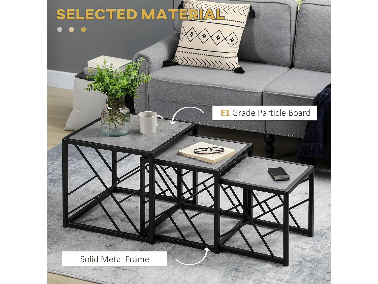 Safi Set of 3 Square Nesting Side Tables Grey Tops Black Metal Frame
