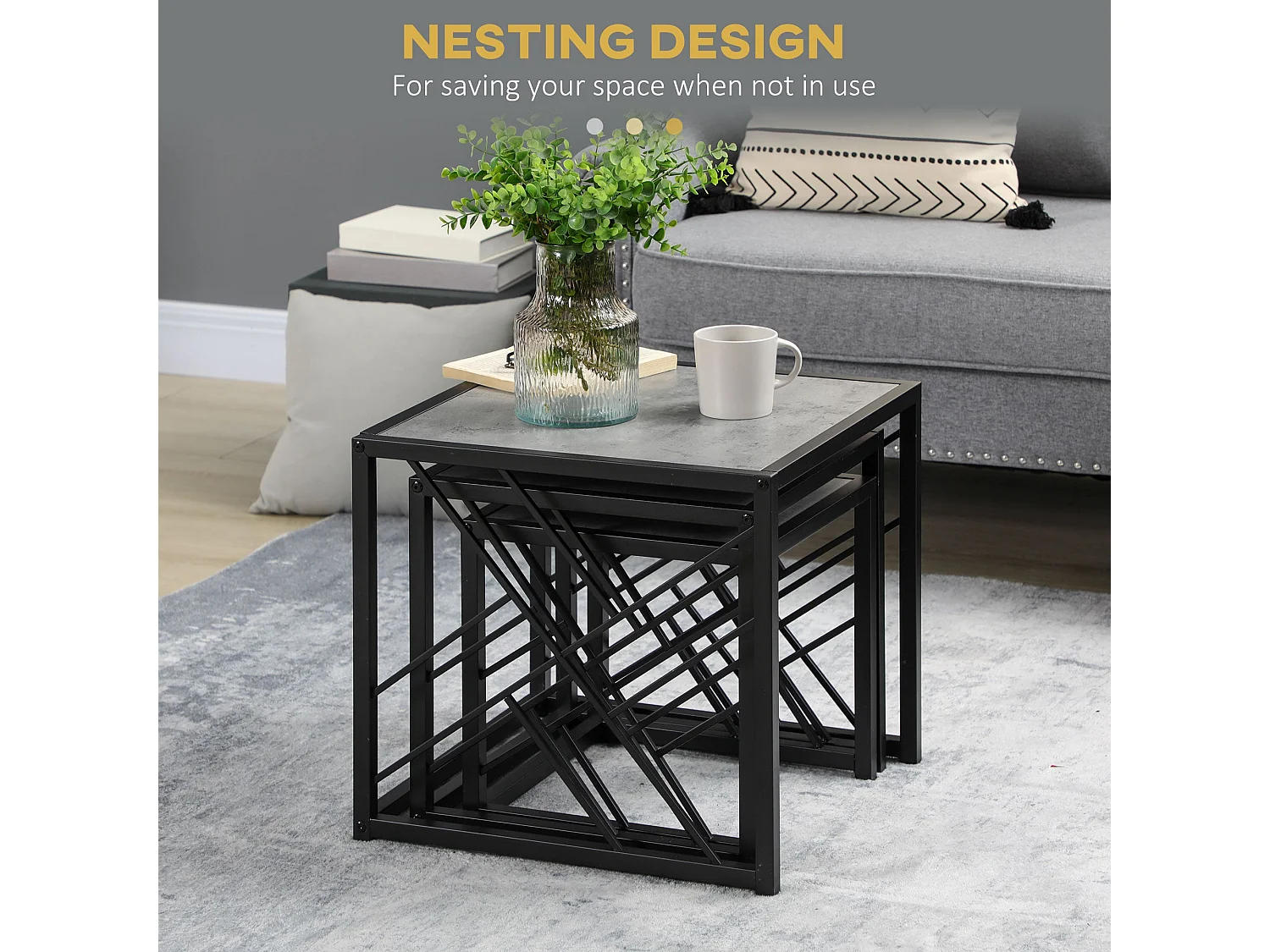 Safi Set of 3 Square Nesting Side Tables Grey Tops Black Metal Frame