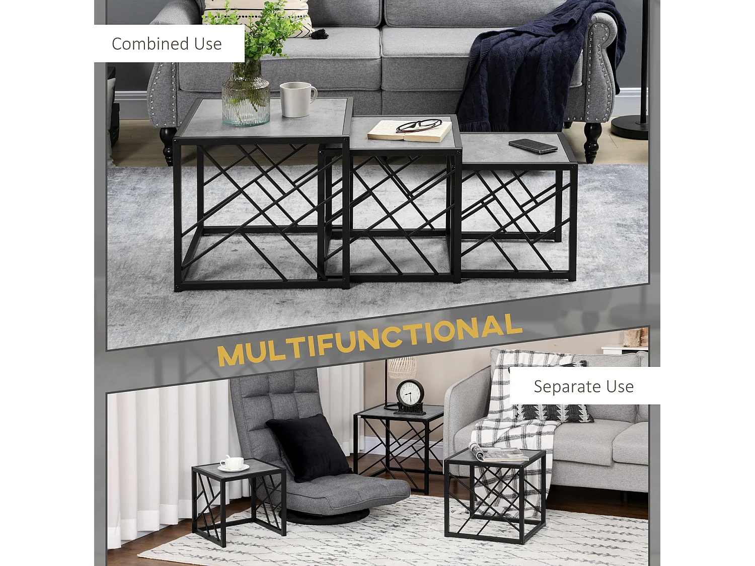 Safi Set of 3 Square Nesting Side Tables Grey Tops Black Metal Frame