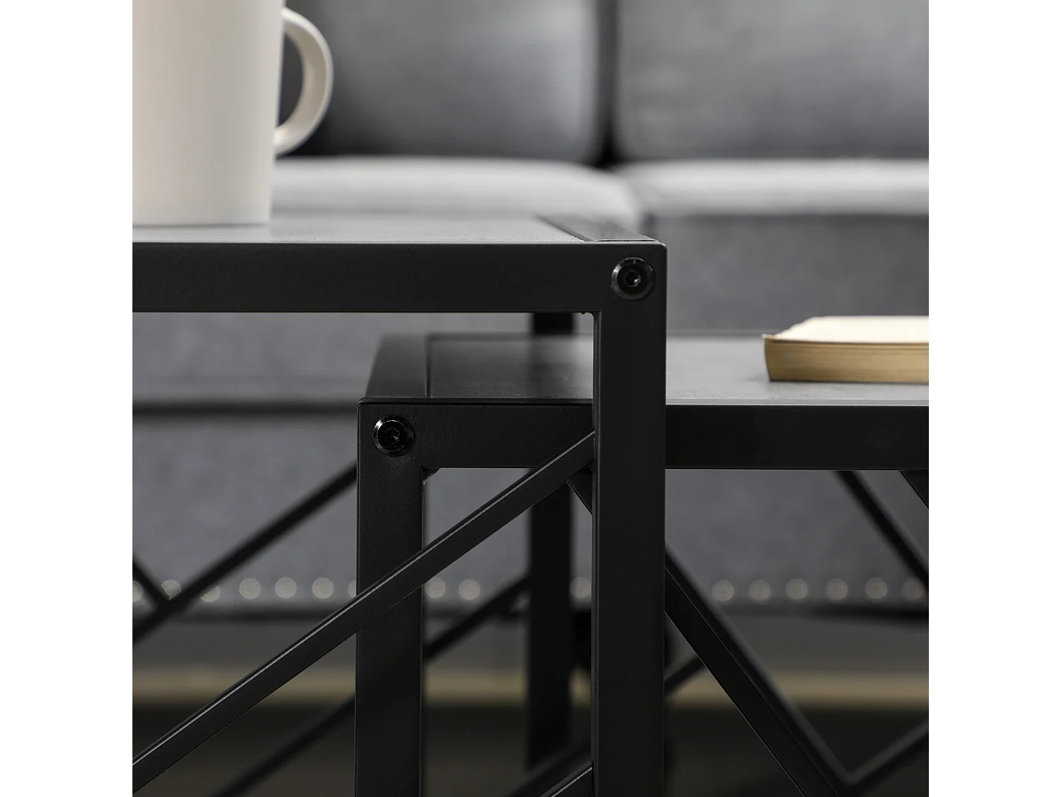 Safi Set of 3 Square Nesting Side Tables Grey Tops Black Metal Frame