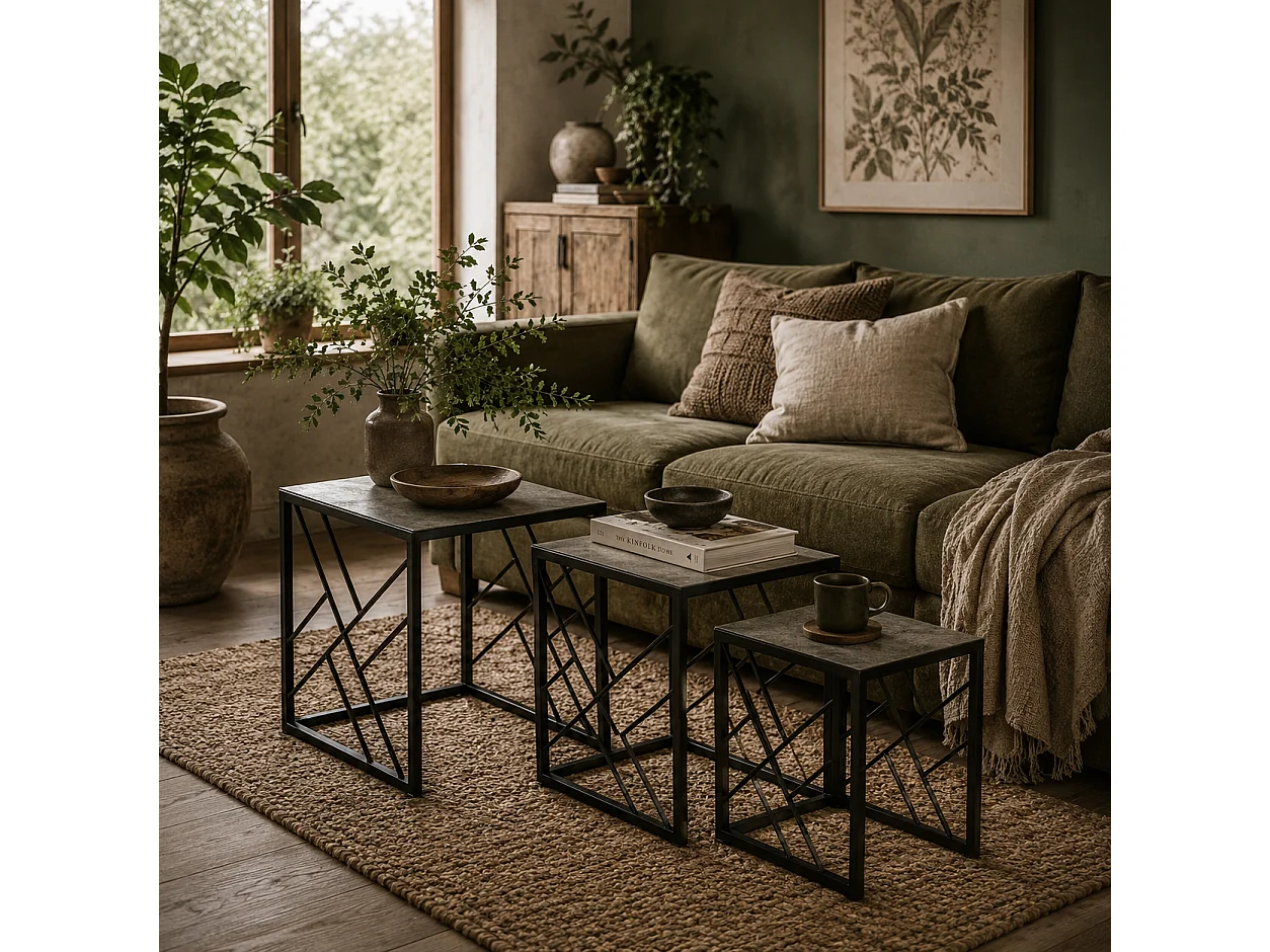 Safi Set of 3 Square Nesting Side Tables Grey Tops Black Metal Frame