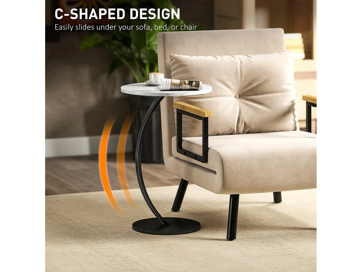 Dimo Round C Shaped Side Table with Marble Effect Top