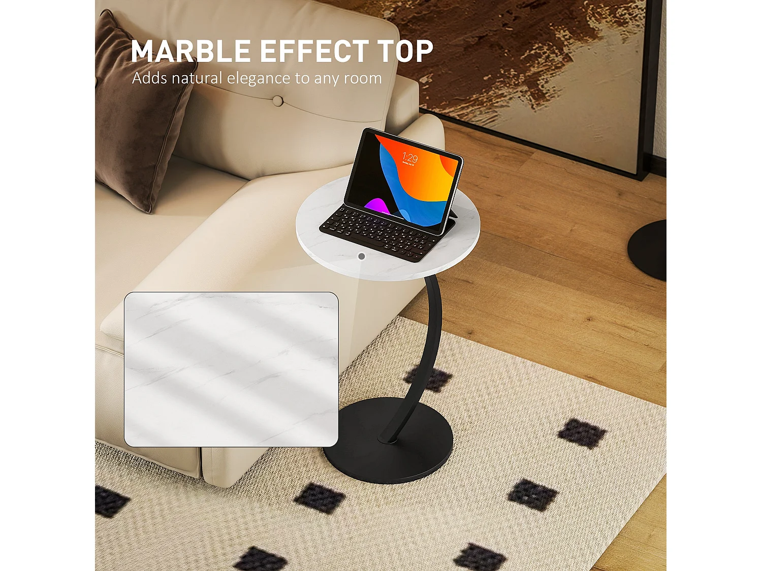 Dimo Round C Shaped Side Table with Marble Effect Top