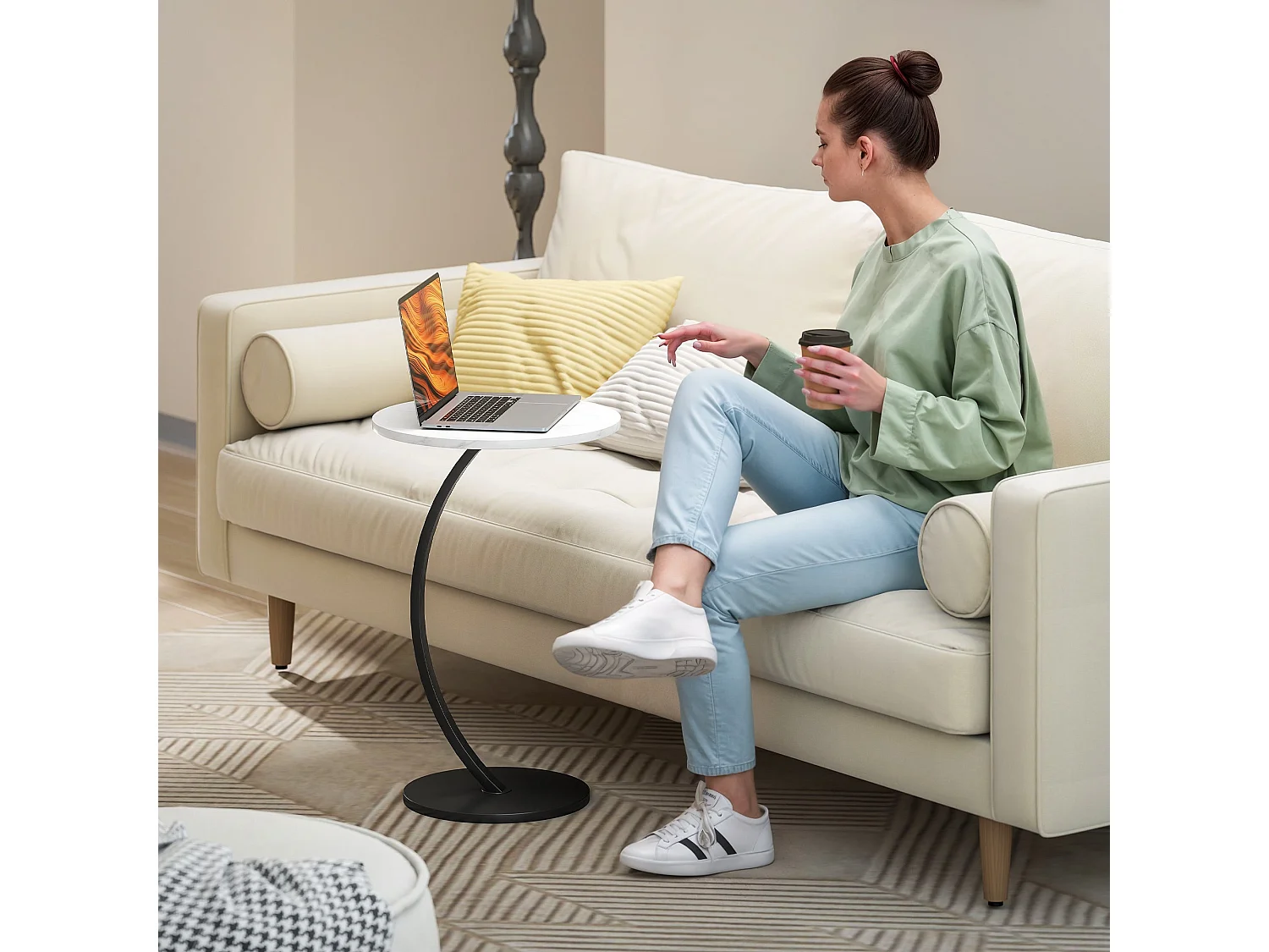 Dimo Round C Shaped Side Table with Marble Effect Top
