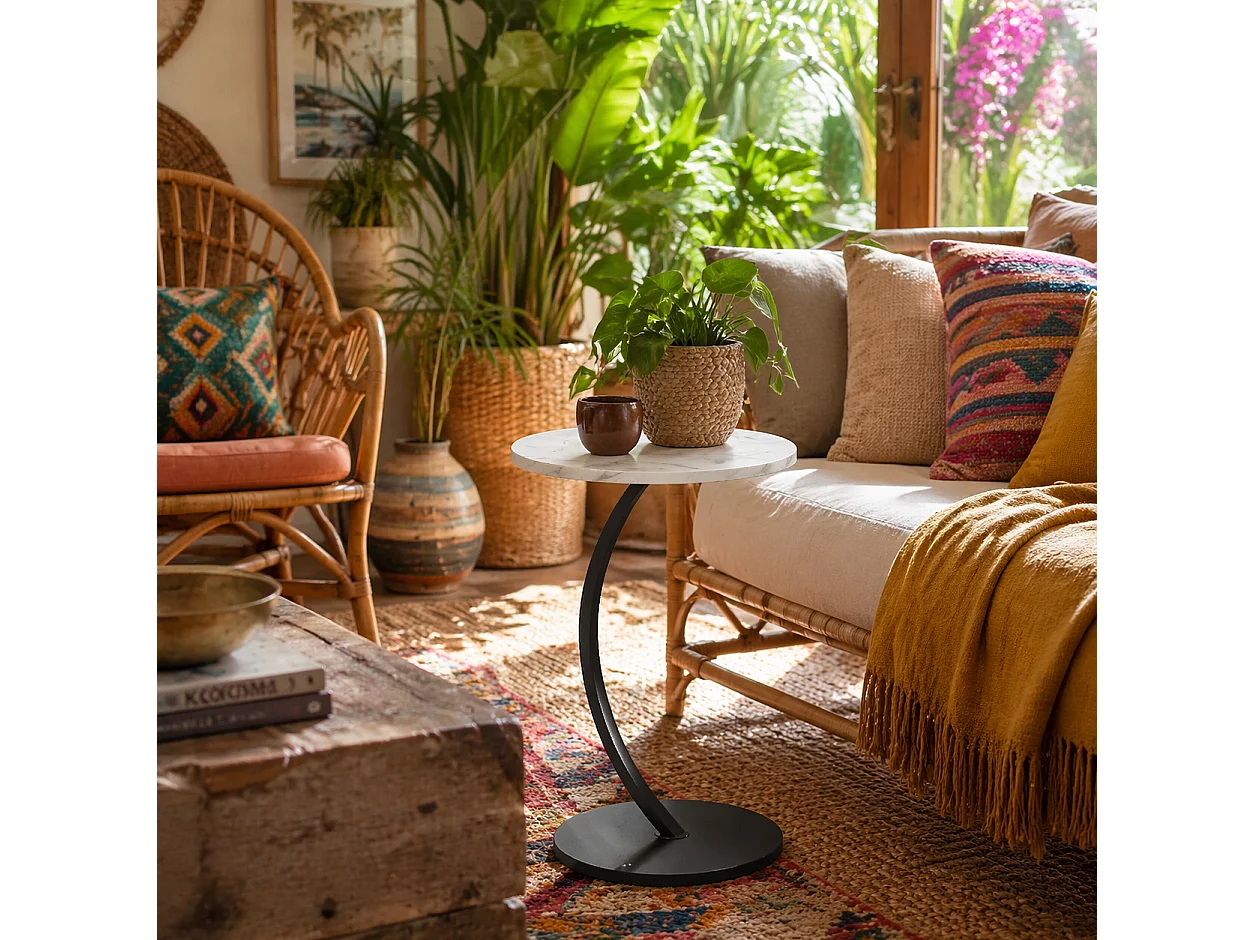 Dimo Round C Shaped Side Table with Marble Effect Top