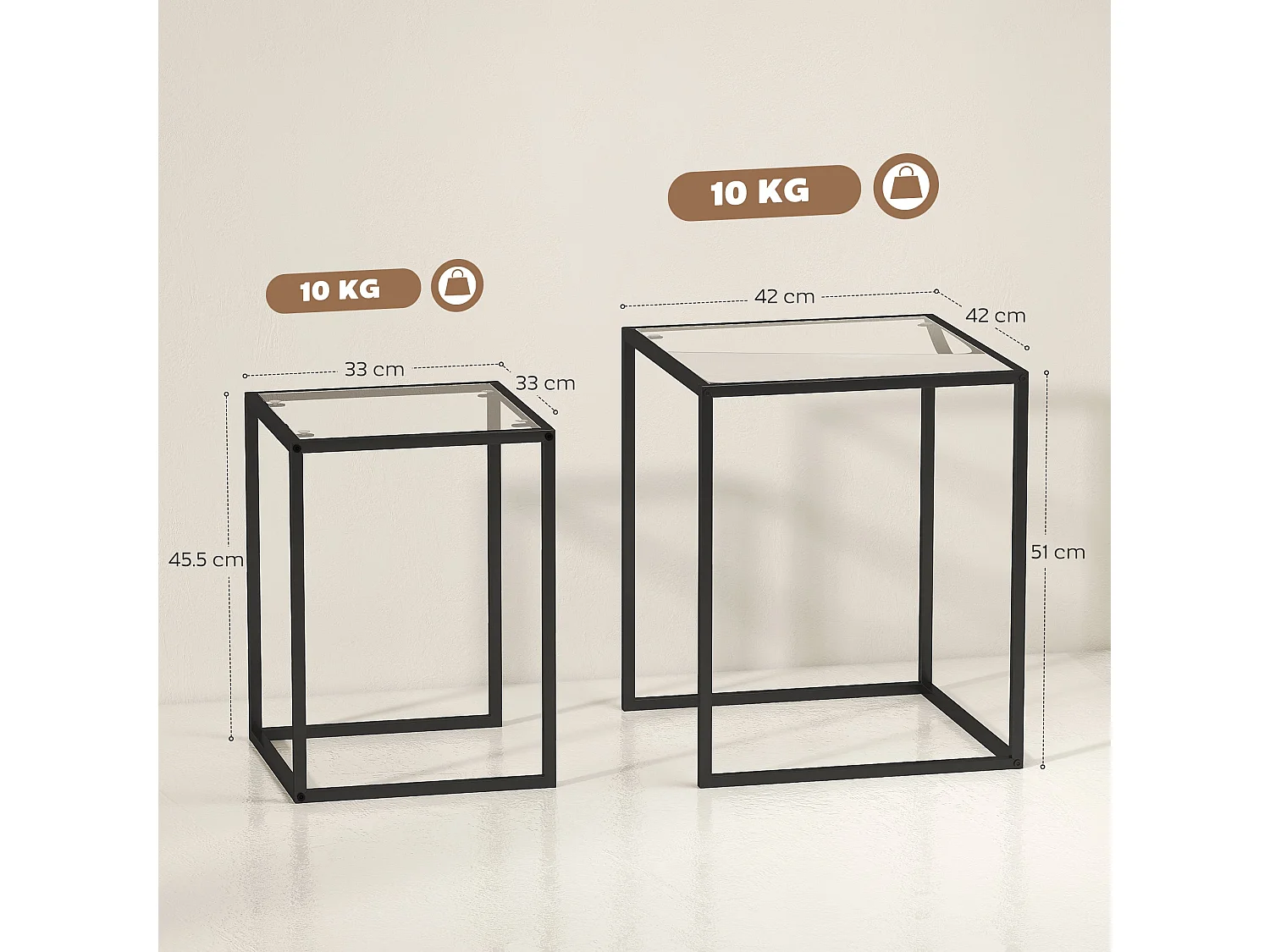 Riraro Set of 2 Black Metal Nesting Side Tables with Tempered Glass Tops