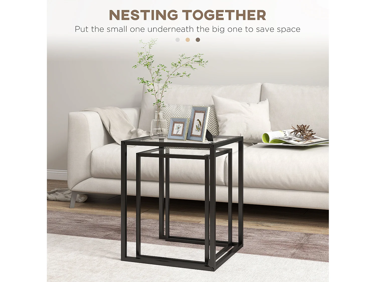 Riraro Set of 2 Black Metal Nesting Side Tables with Tempered Glass Tops