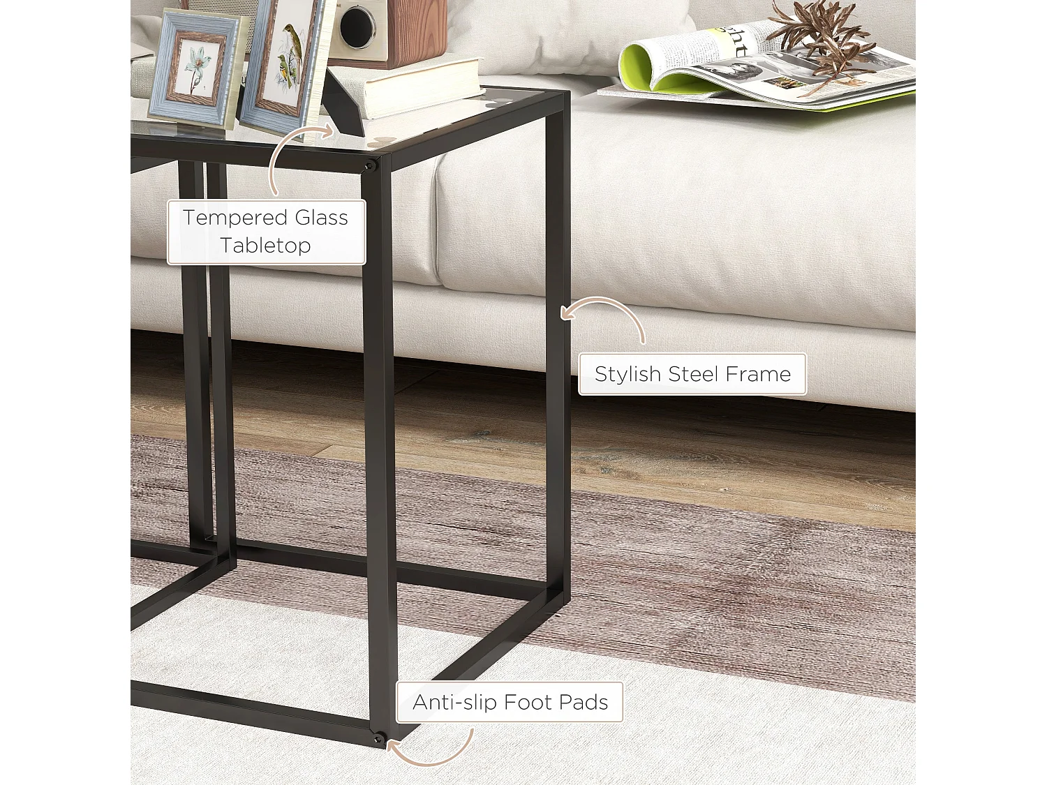 Riraro Set of 2 Black Metal Nesting Side Tables with Tempered Glass Tops
