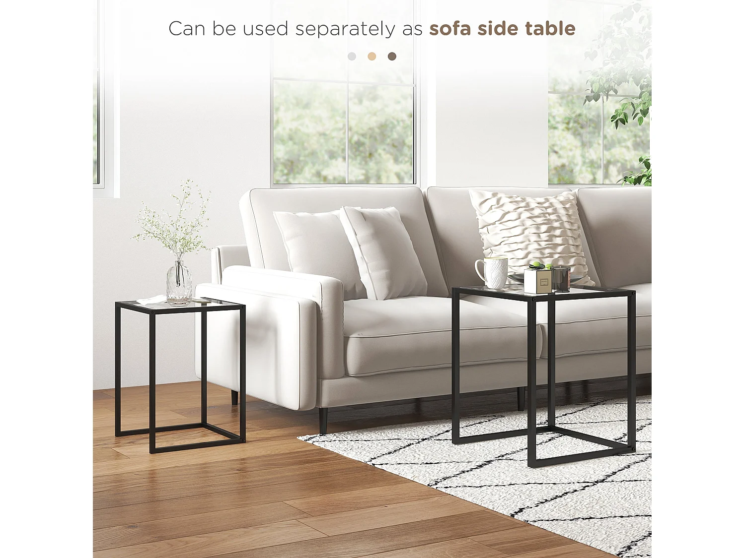 Riraro Set of 2 Black Metal Nesting Side Tables with Tempered Glass Tops