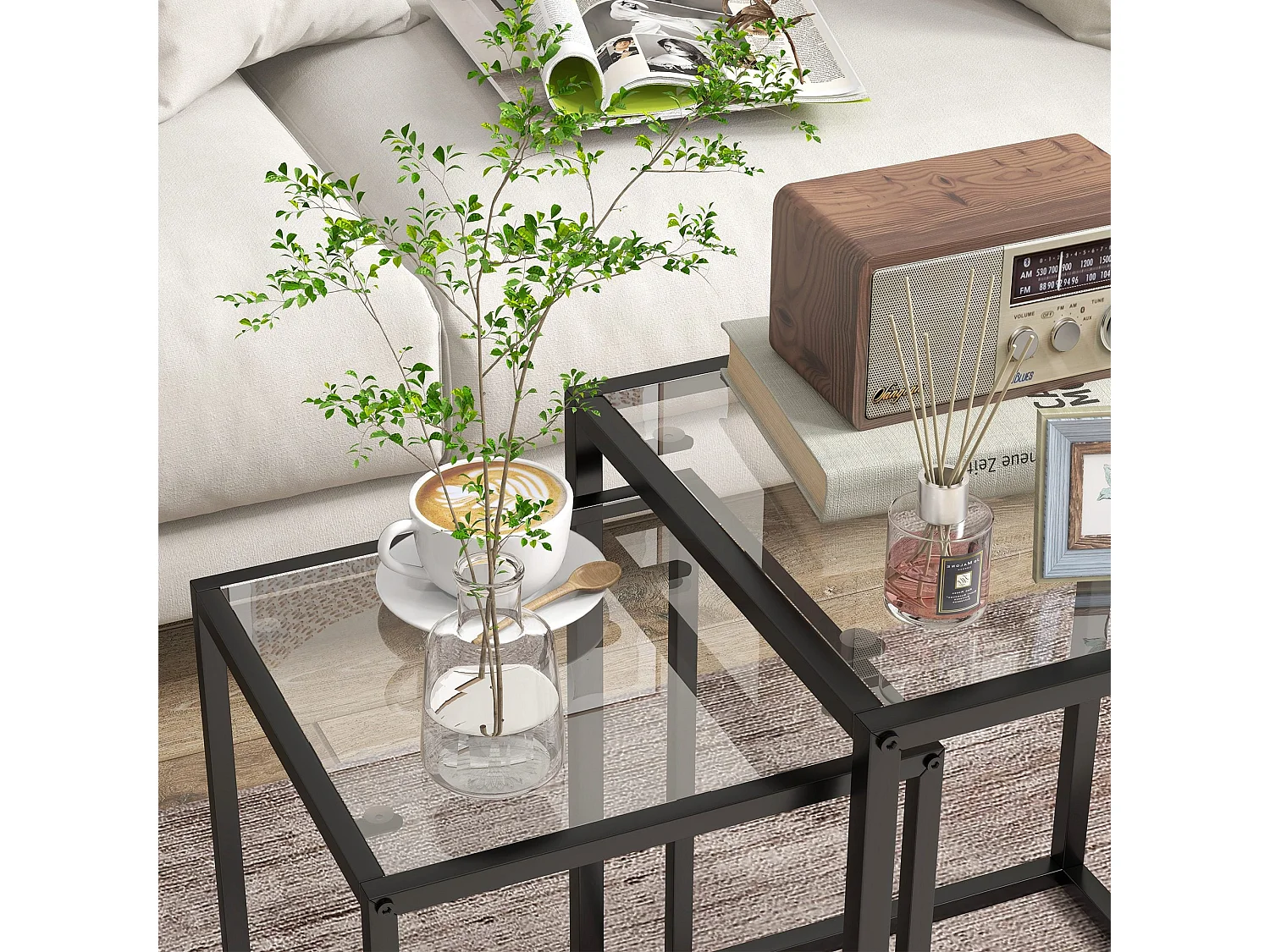Riraro Set of 2 Black Metal Nesting Side Tables with Tempered Glass Tops