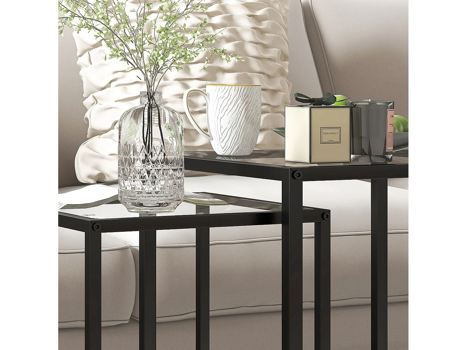 Riraro Set of 2 Black Metal Nesting Side Tables with Tempered Glass Tops