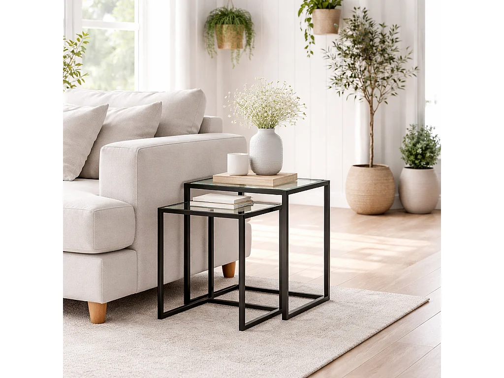Riraro Set of 2 Black Metal Nesting Side Tables with Tempered Glass Tops