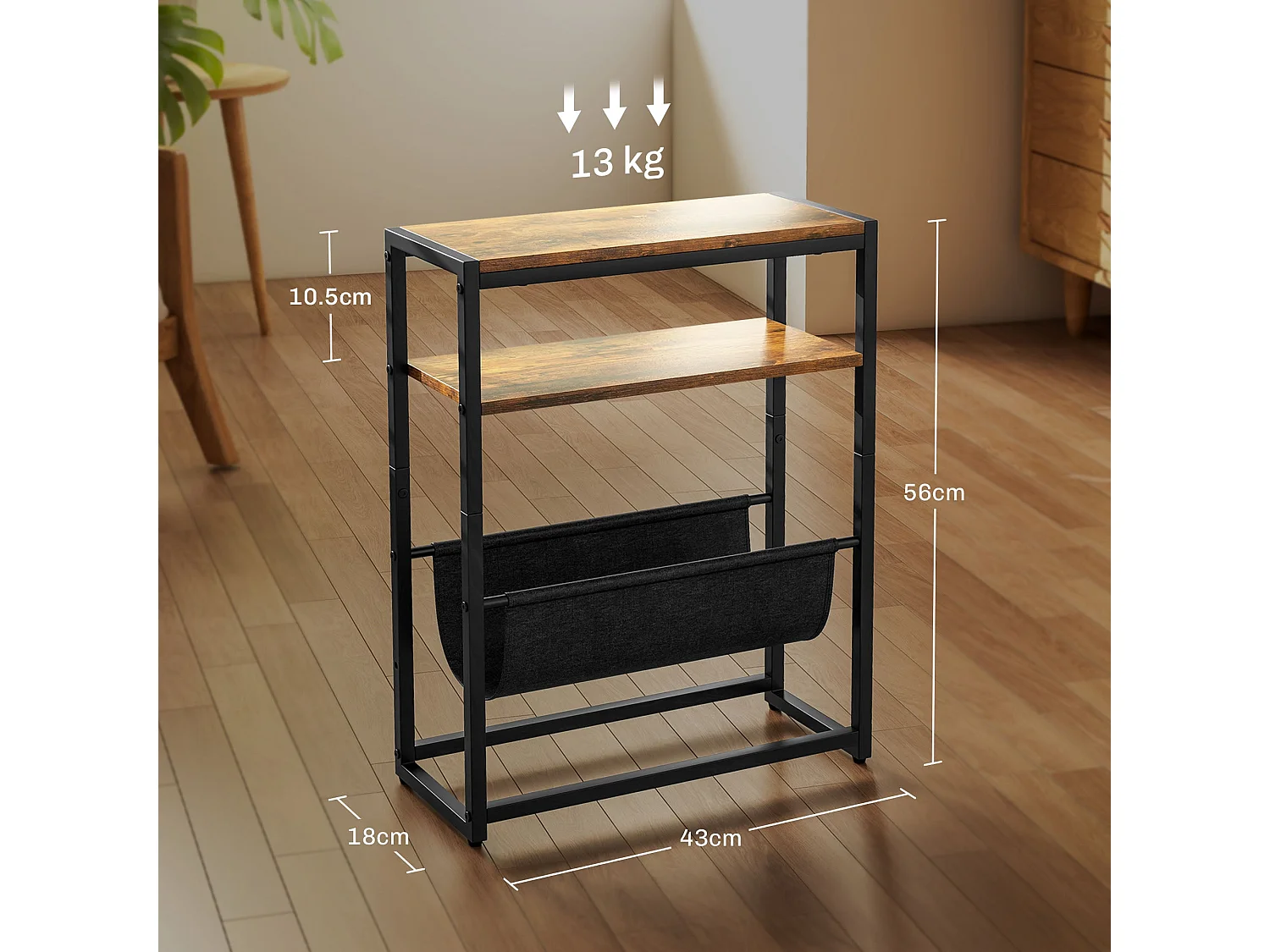 Sanami Rustic Brown Narrow Side Table 3 Tier Storage with V Shaped Magazine Holder