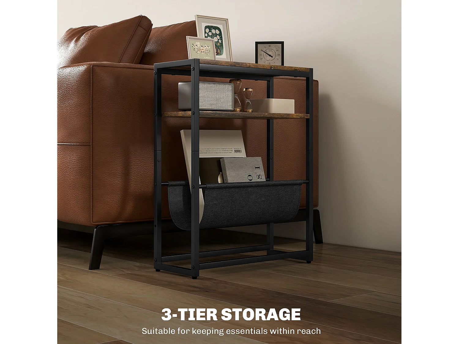 Sanami Rustic Brown Narrow Side Table 3 Tier Storage with V Shaped Magazine Holder