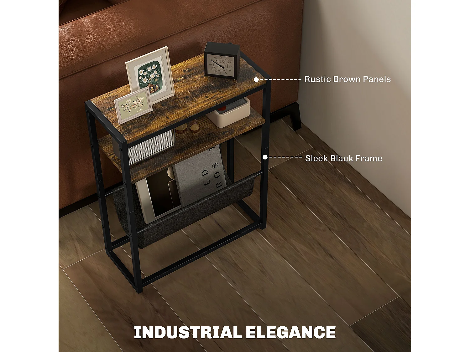 Sanami Rustic Brown Narrow Side Table 3 Tier Storage with V Shaped Magazine Holder
