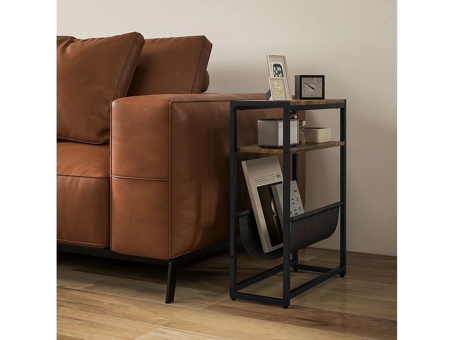 Sanami Rustic Brown Narrow Side Table 3 Tier Storage with V Shaped Magazine Holder