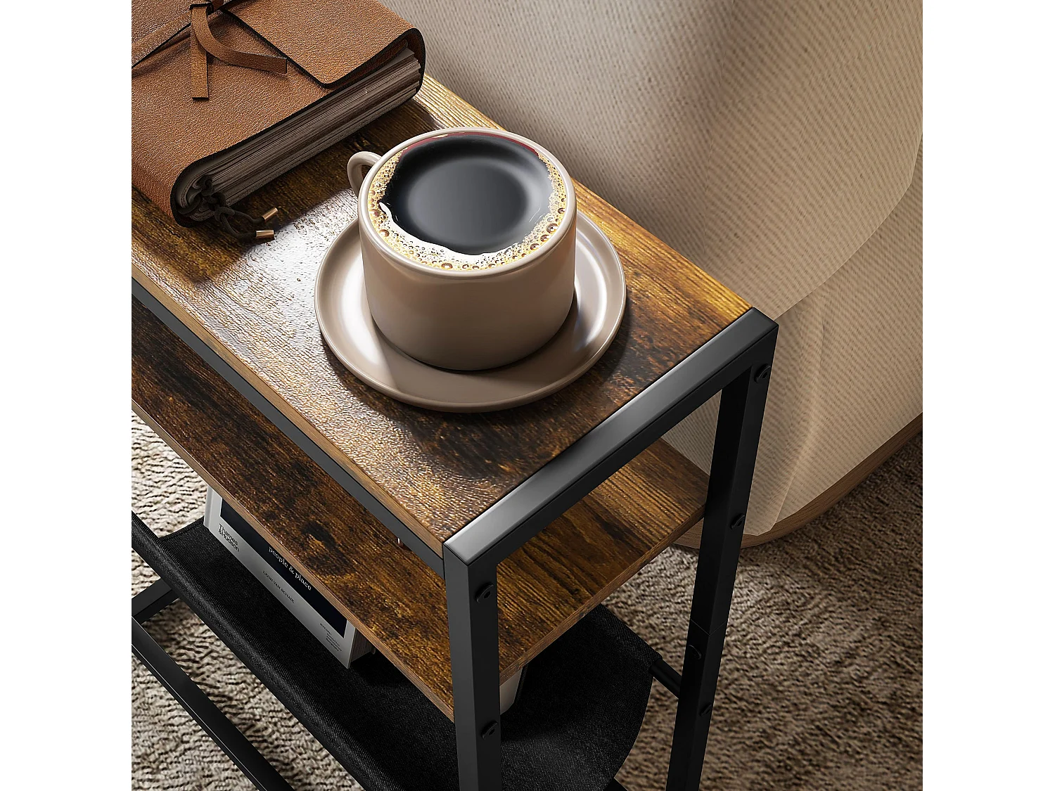 Sanami Rustic Brown Narrow Side Table 3 Tier Storage with V Shaped Magazine Holder