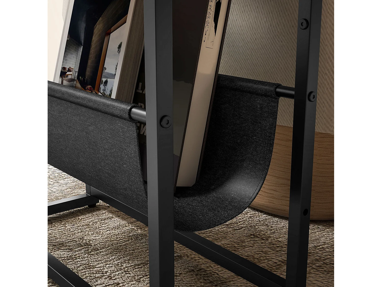 Sanami Rustic Brown Narrow Side Table 3 Tier Storage with V Shaped Magazine Holder
