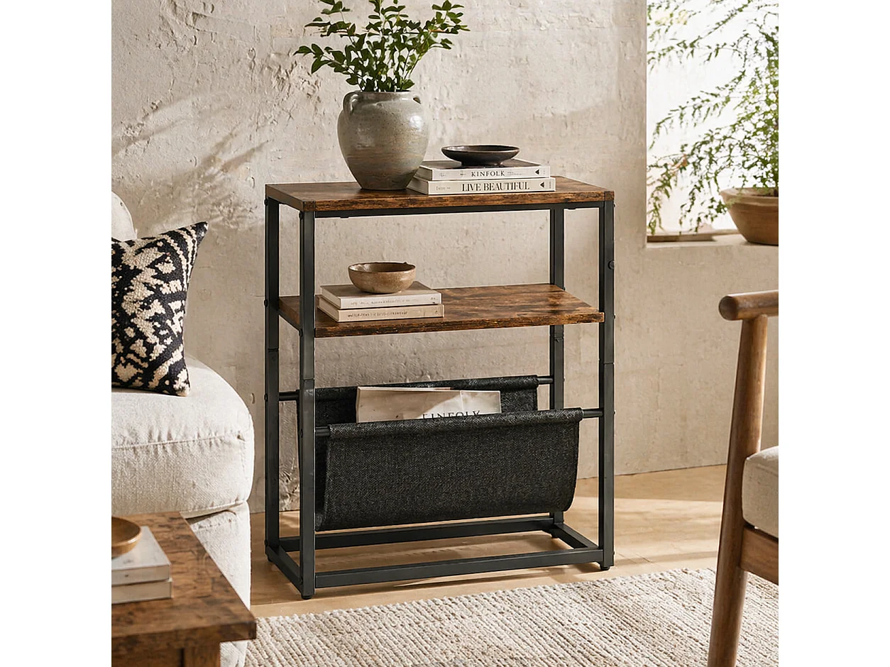 Sanami Rustic Brown Narrow Side Table 3 Tier Storage with V Shaped Magazine Holder