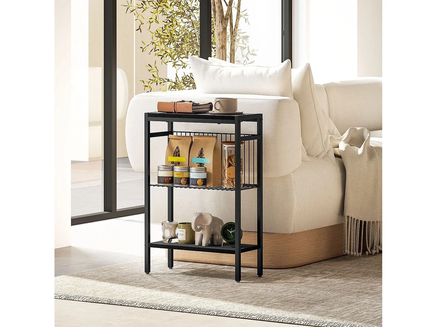 Notosu Industrial 3 Shelf Side Table Black Metal Frame Wood Effect Shelves