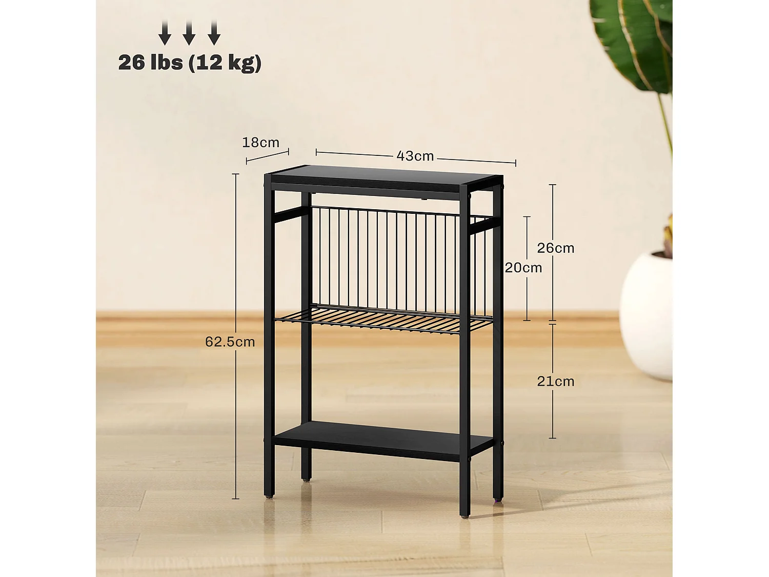 Notosu Industrial 3 Shelf Side Table Black Metal Frame Wood Effect Shelves