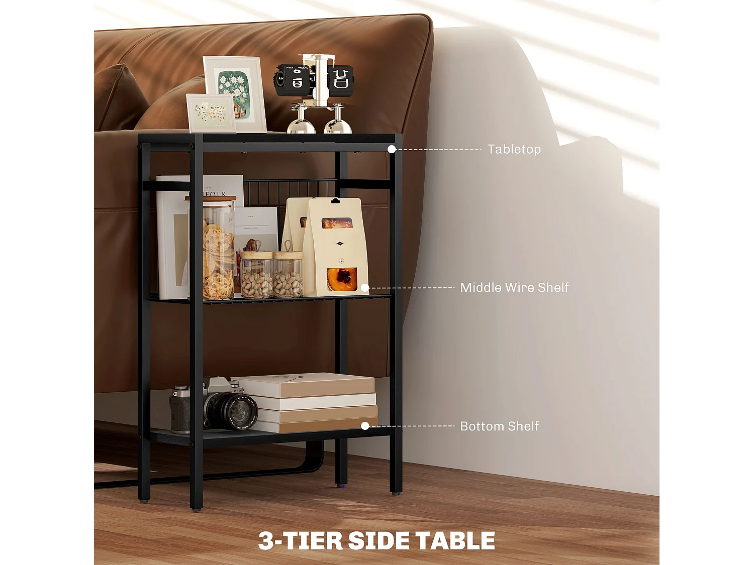 Notosu Industrial 3 Shelf Side Table Black Metal Frame Wood Effect Shelves