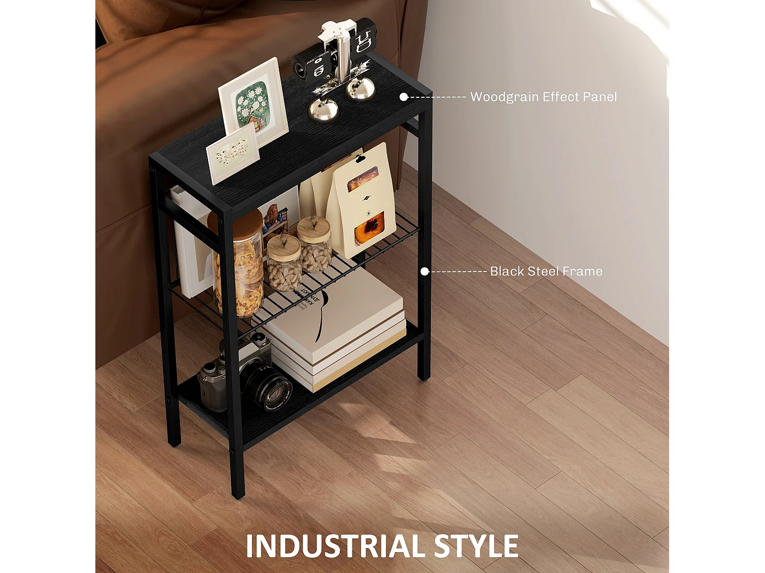Notosu Industrial 3 Shelf Side Table Black Metal Frame Wood Effect Shelves