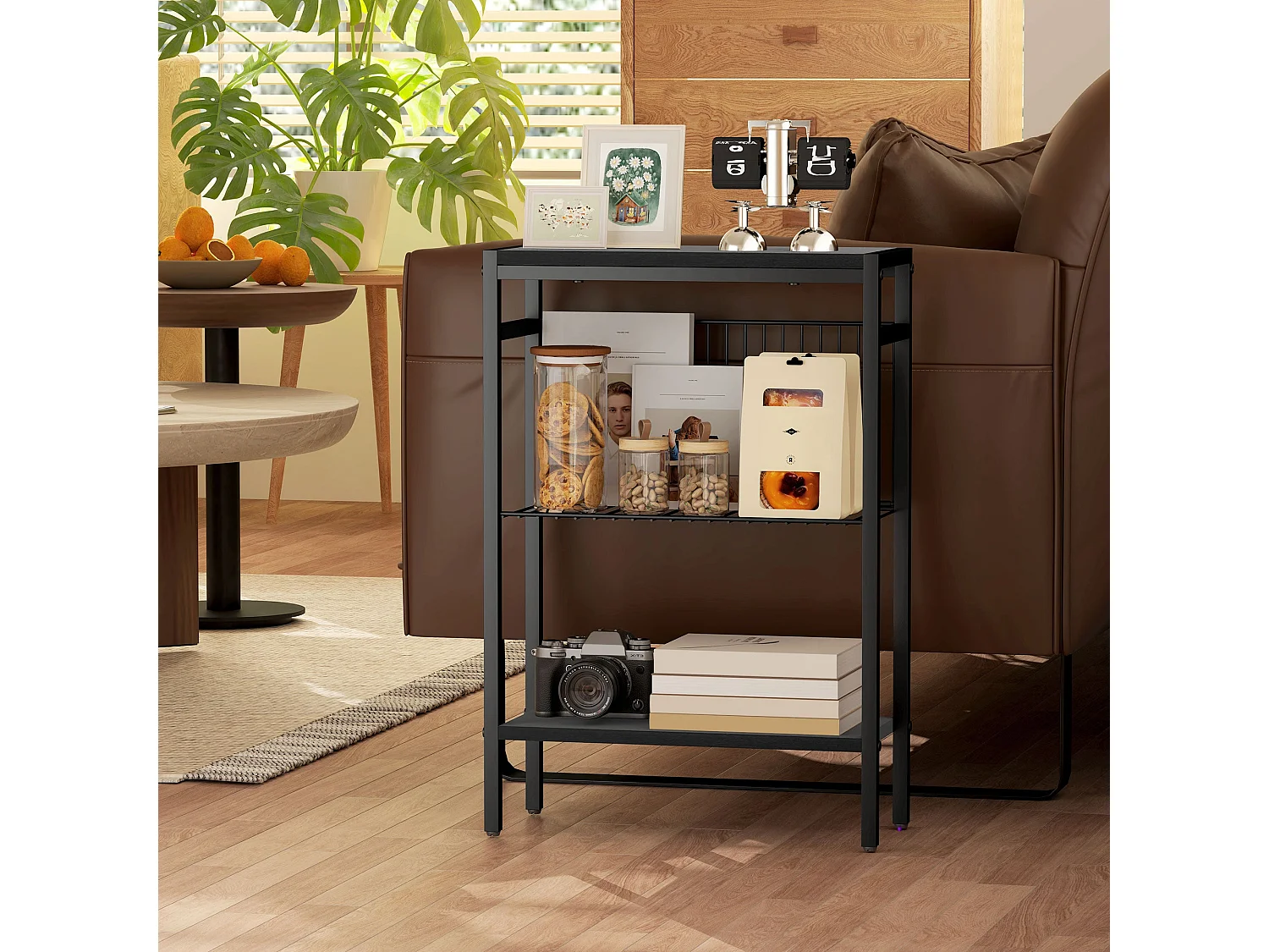 Notosu Industrial 3 Shelf Side Table Black Metal Frame Wood Effect Shelves
