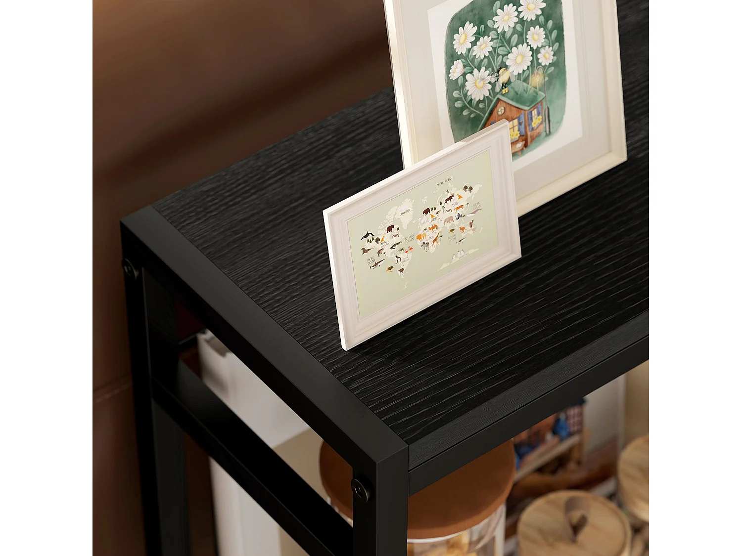 Notosu Industrial 3 Shelf Side Table Black Metal Frame Wood Effect Shelves