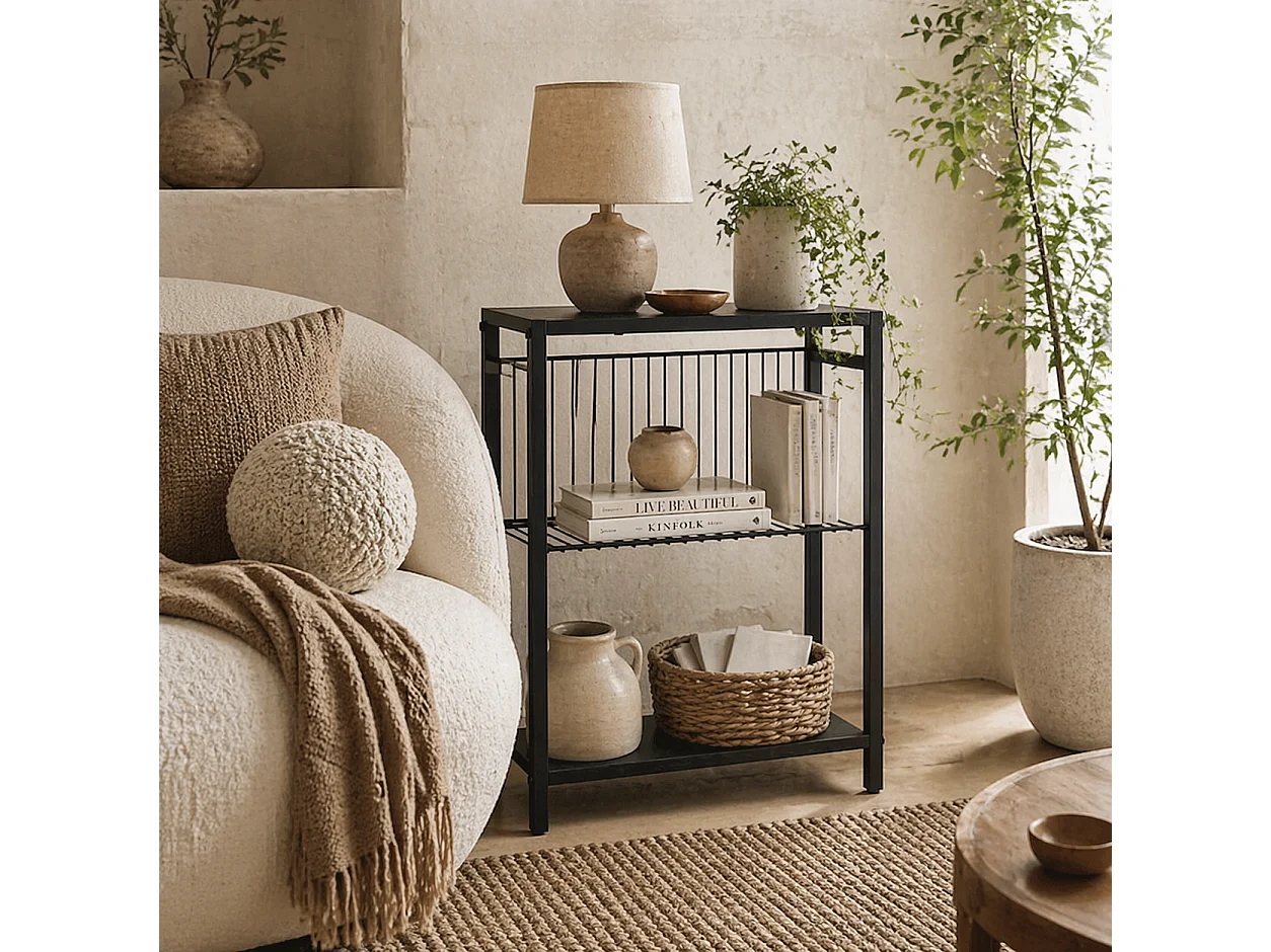 Notosu Industrial 3 Shelf Side Table Black Metal Frame Wood Effect Shelves
