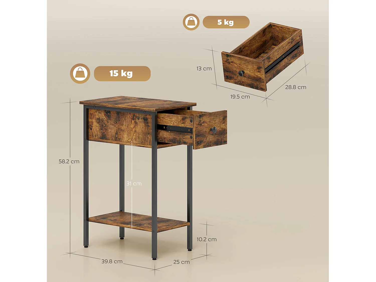 Matone Rustic Brown Narrow Side Table with Drawer and Lower Shelf