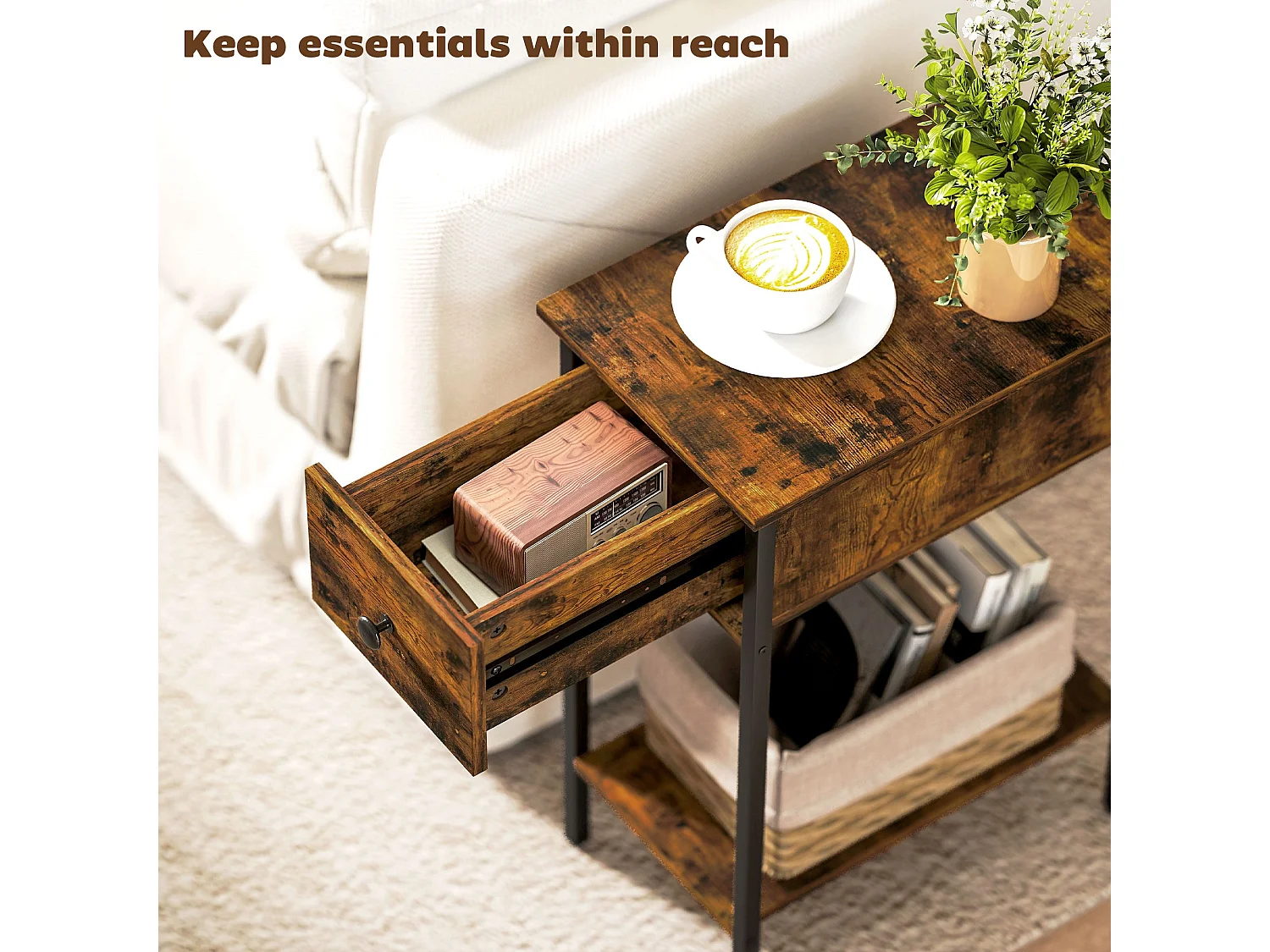 Matone Rustic Brown Narrow Side Table with Drawer and Lower Shelf