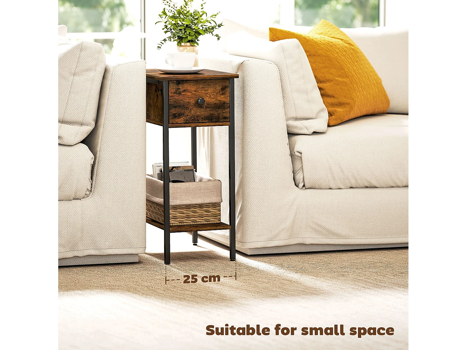 Matone Rustic Brown Narrow Side Table with Drawer and Lower Shelf
