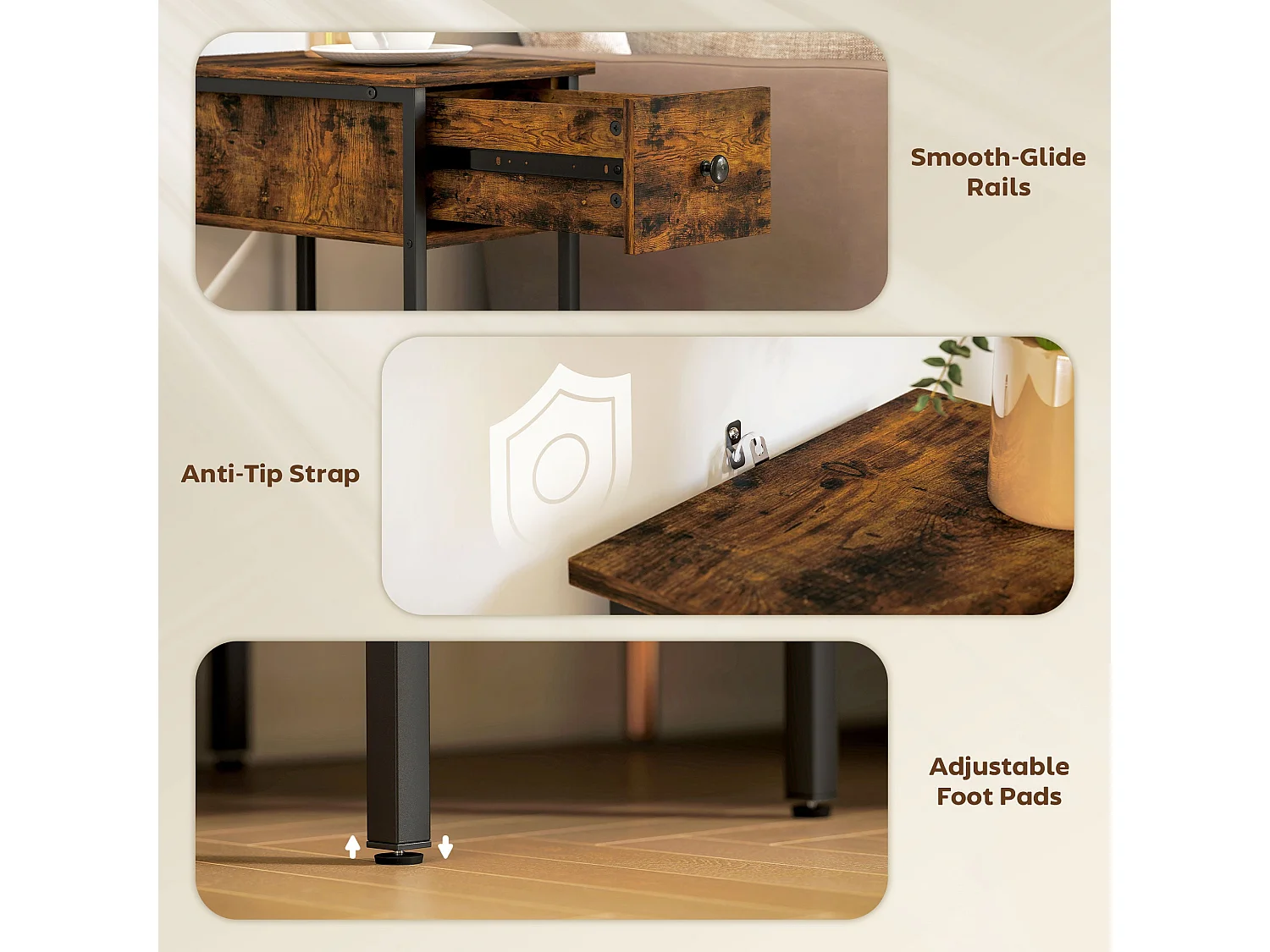 Matone Rustic Brown Narrow Side Table with Drawer and Lower Shelf