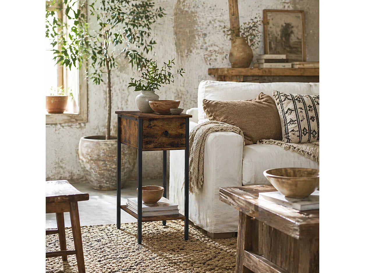 Matone Rustic Brown Narrow Side Table with Drawer and Lower Shelf