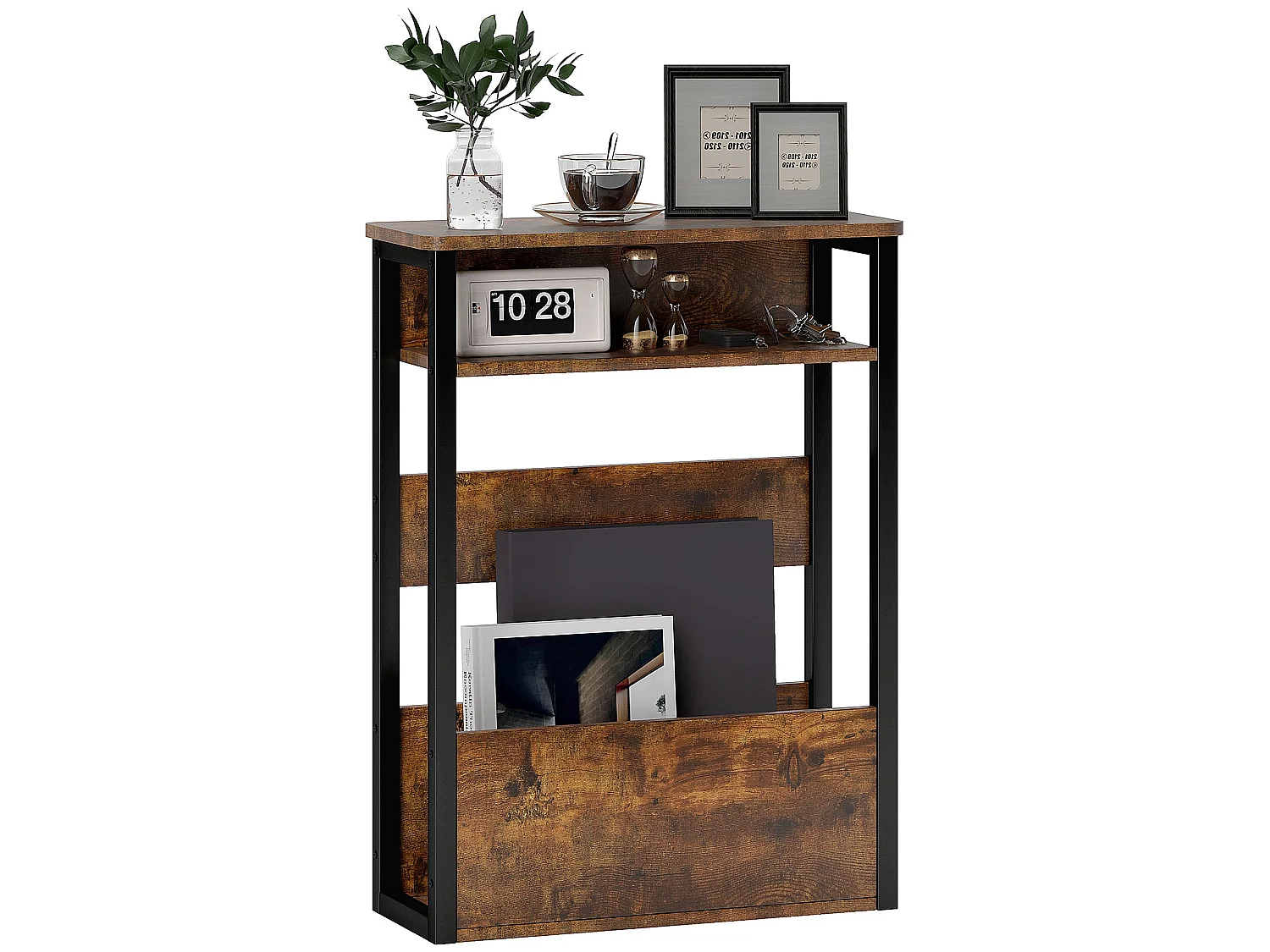 Novizi Industrial Side Table Black Metal Frame Rustic Brown Wood Effect