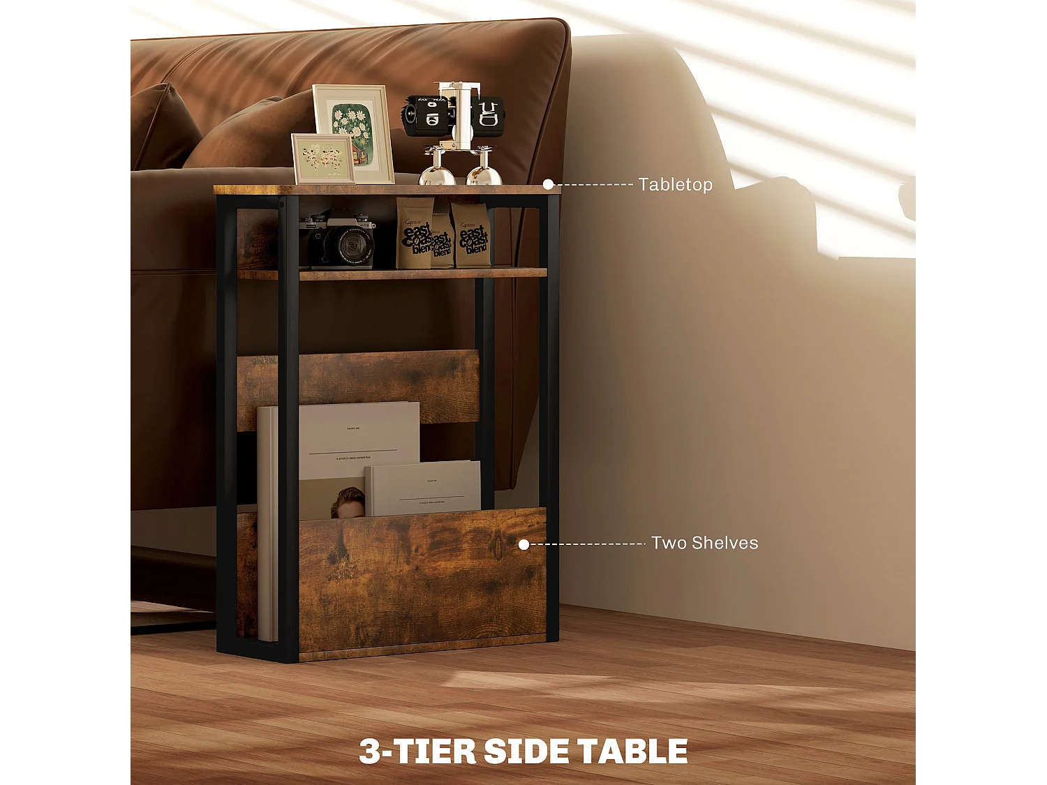 Novizi Industrial Side Table Black Metal Frame Rustic Brown Wood Effect
