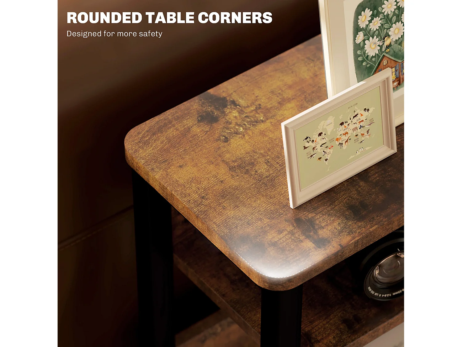 Novizi Industrial Side Table Black Metal Frame Rustic Brown Wood Effect
