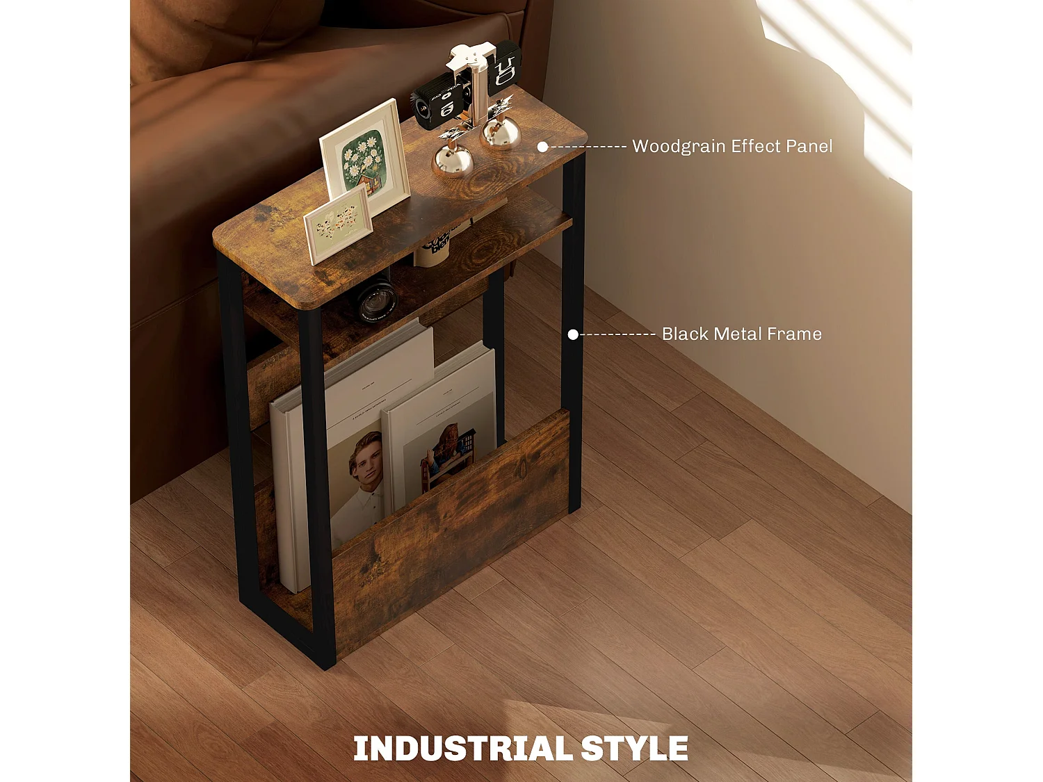 Novizi Industrial Side Table Black Metal Frame Rustic Brown Wood Effect