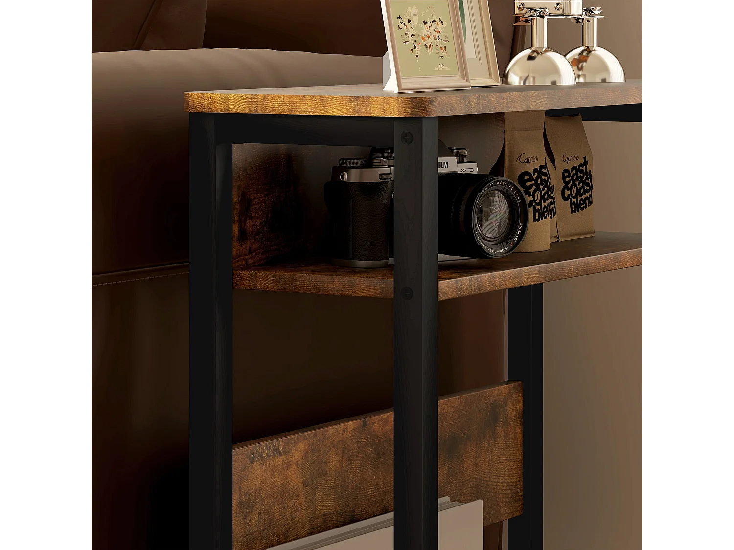 Novizi Industrial Side Table Black Metal Frame Rustic Brown Wood Effect