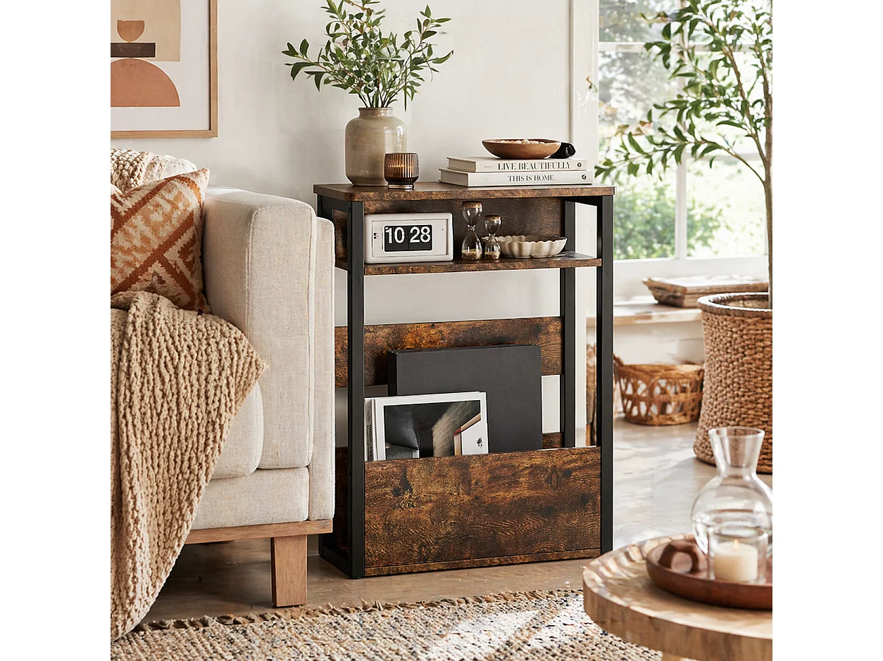 Novizi Industrial Side Table Black Metal Frame Rustic Brown Wood Effect