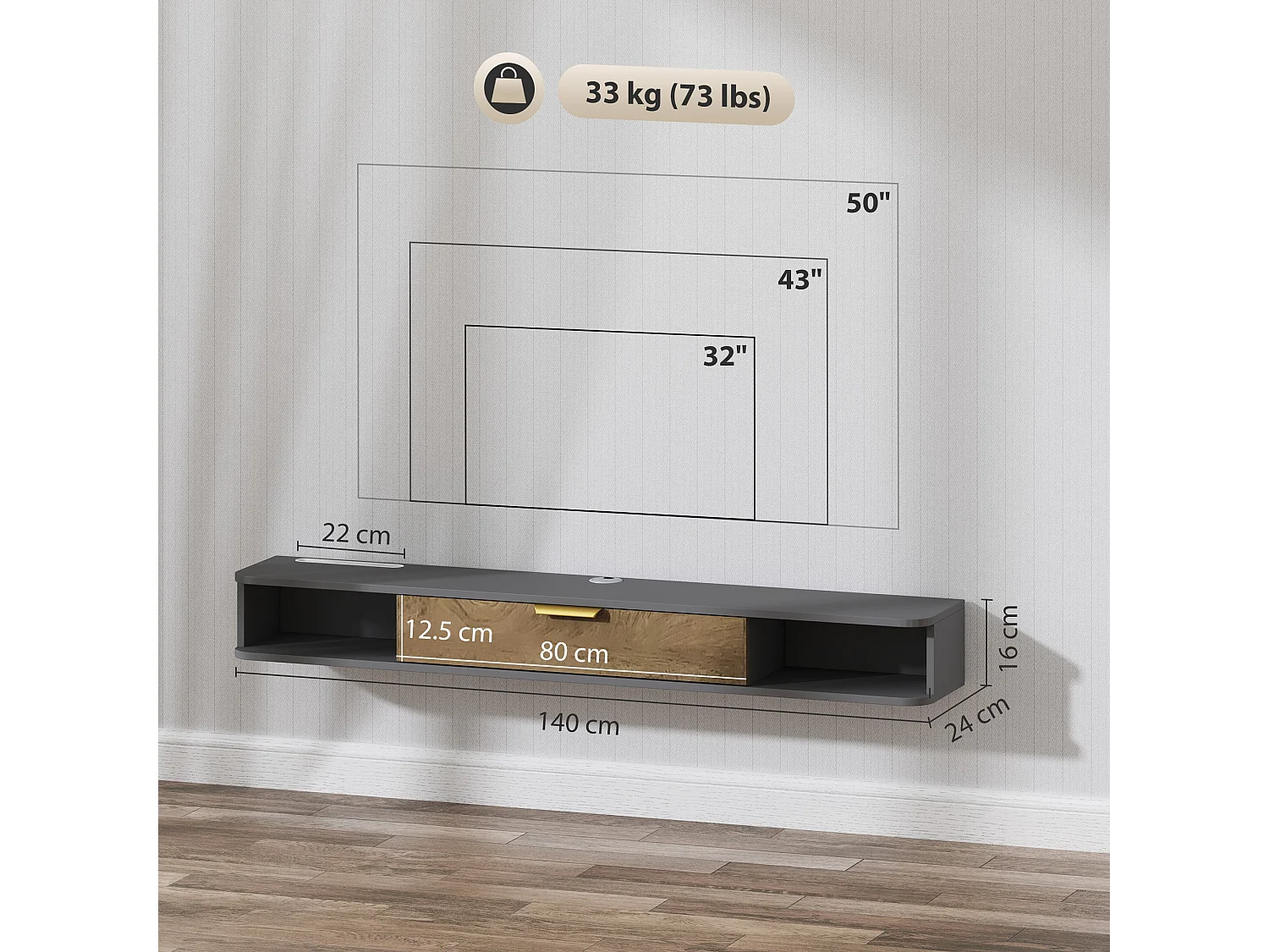 Nova 140cm Floating TV Stand Charcoal Grey with Natural Wood Effect Panel and Storage