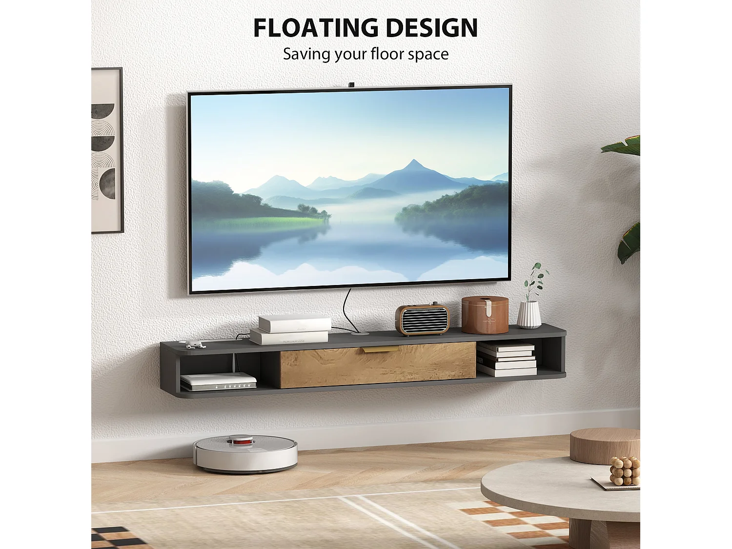 Nova 140cm Floating TV Stand Charcoal Grey with Natural Wood Effect Panel and Storage